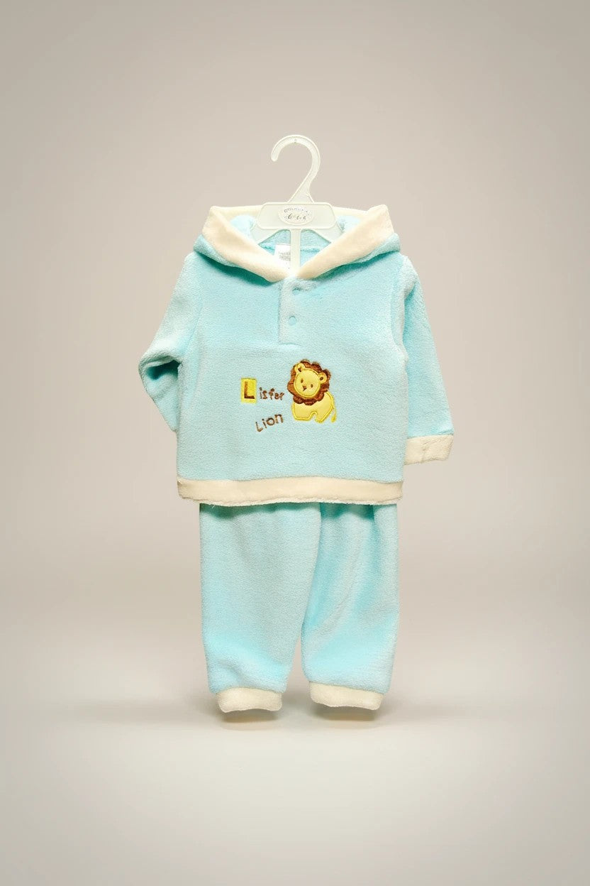 Stork And Baby light blue coral fleece tracksuit with cream trim and a lion graphic. Features a hood and long sleeves.