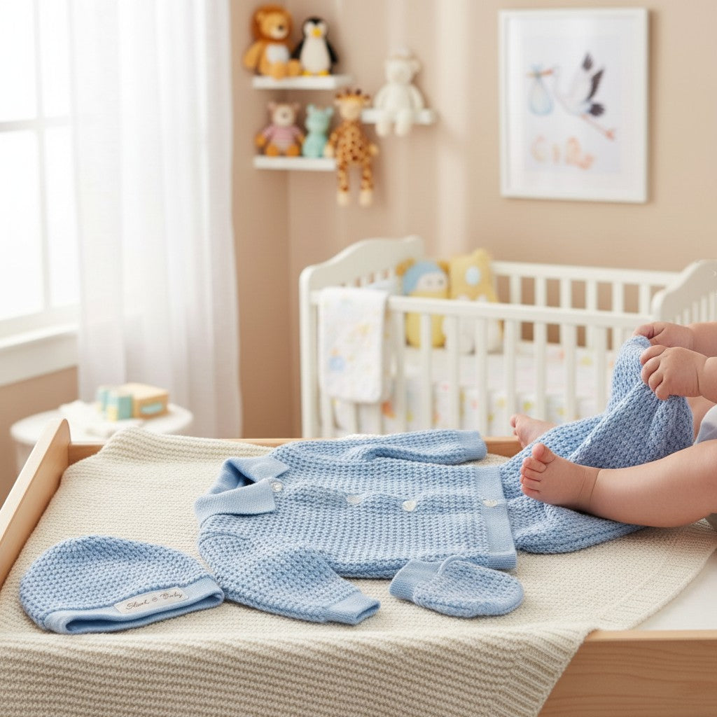 Stork And Baby light blue knitted pram suit set with hat and mittens, featuring a waffle knit texture and button closure.