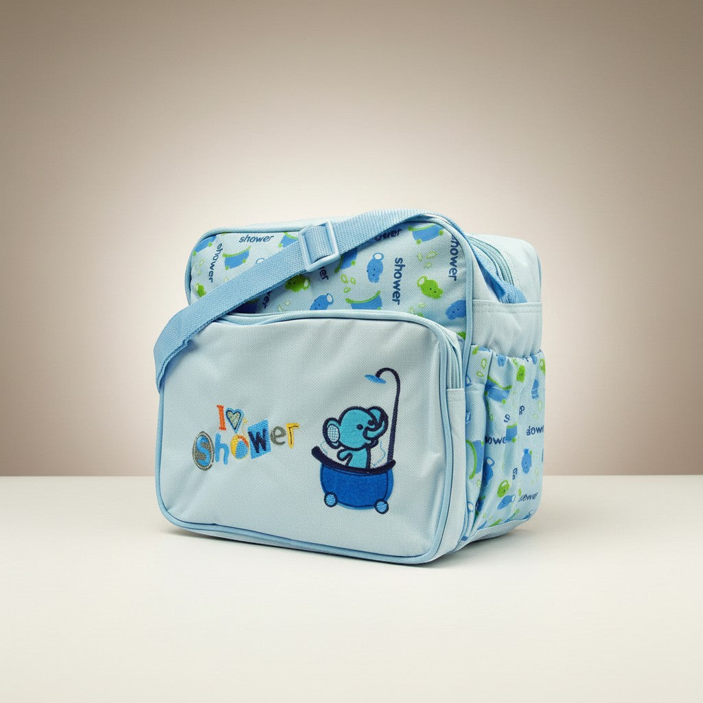 Stork And Baby light blue nappy bag with a cute elephant in a bathtub graphic and "I love shower" text. Multiple compartments.