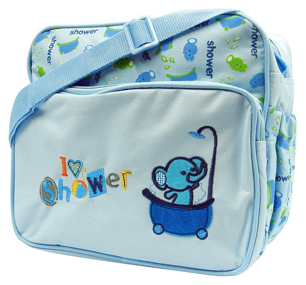 Stork And Baby blue nappy bag with elephant in a bathtub graphic and "I love shower" text. Multiple compartments and adjustable strap.