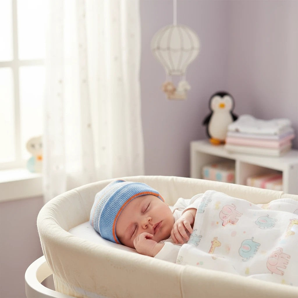 Stork And Baby blue and orange striped knit baby hat with soft comfortable fit