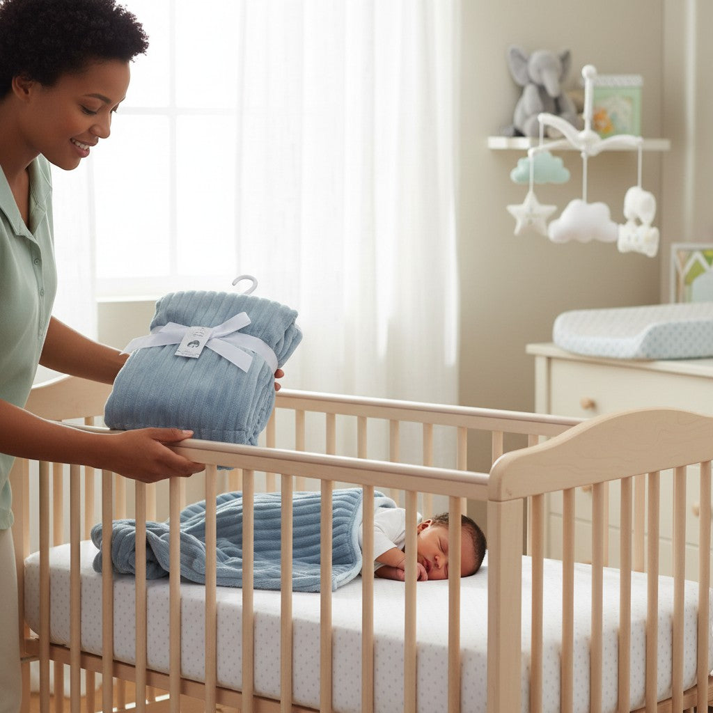 Stork And Baby blue single layer sherpa fleece stripe blanket, 75x100cm, perfect for newborns.