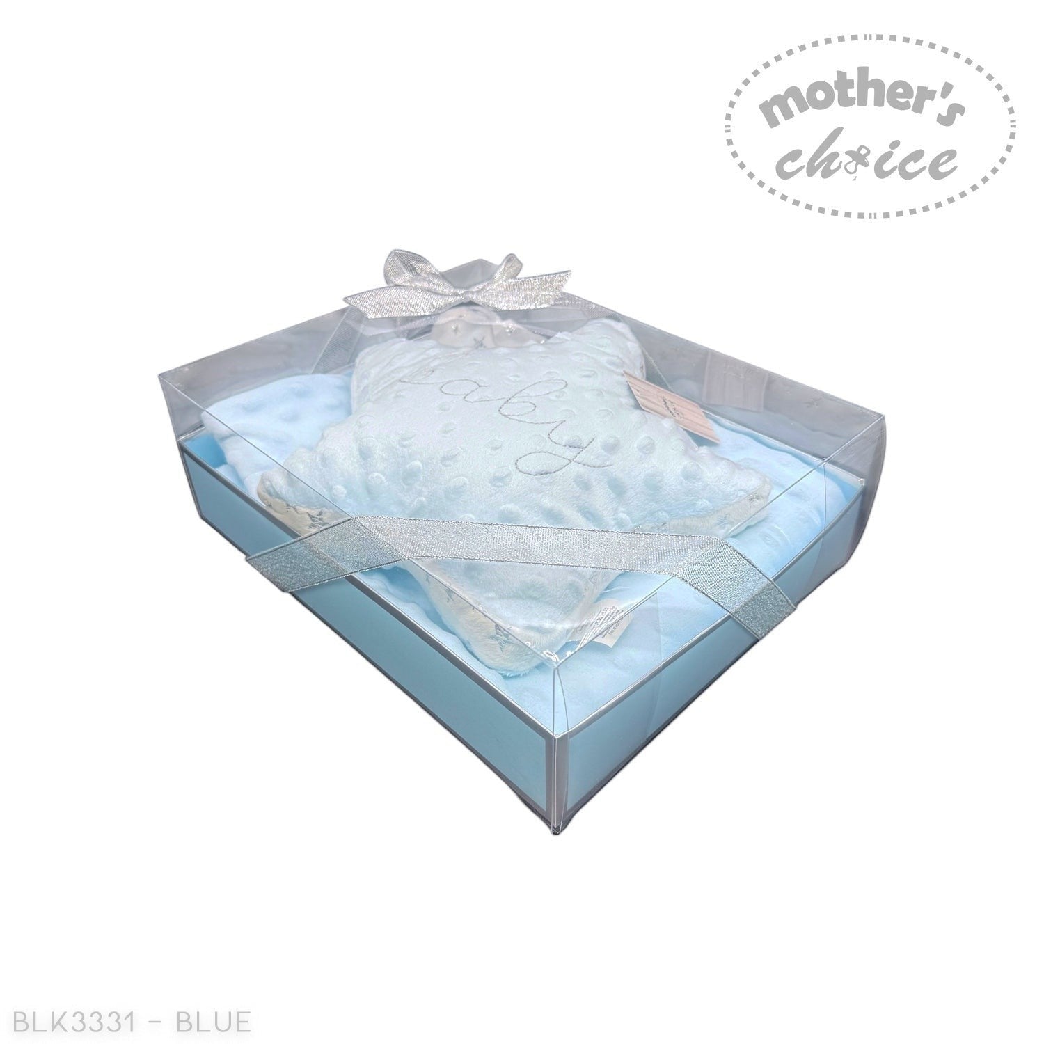 Stork And Baby blue sherpa blanket gift box with a star-shaped plush toy embroidered with 'baby'.