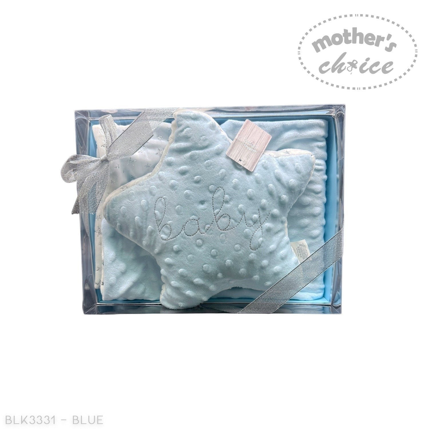 Stork And Baby blue sherpa blanket gift set with a star-shaped pillow embroidered with the word "baby".