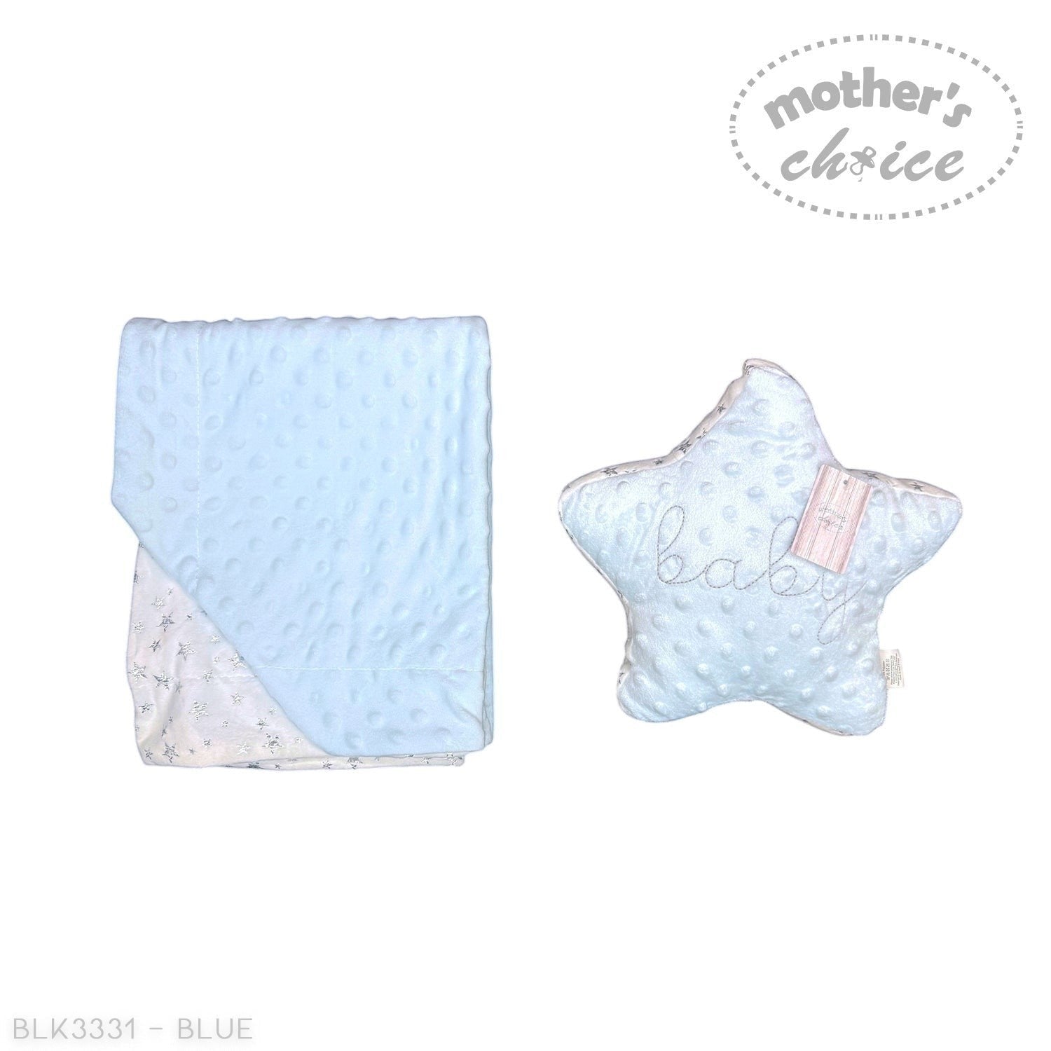 Stork And Baby light blue sherpa baby blanket with embossed dots and star pattern, and matching star pillow with "baby" embroidery.