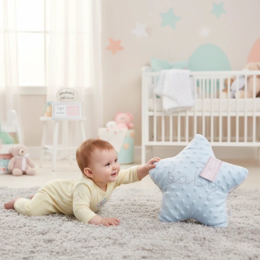 Stork And Baby light blue textured star pillow with "baby" embroidered in script, reaching out to a crawling baby.