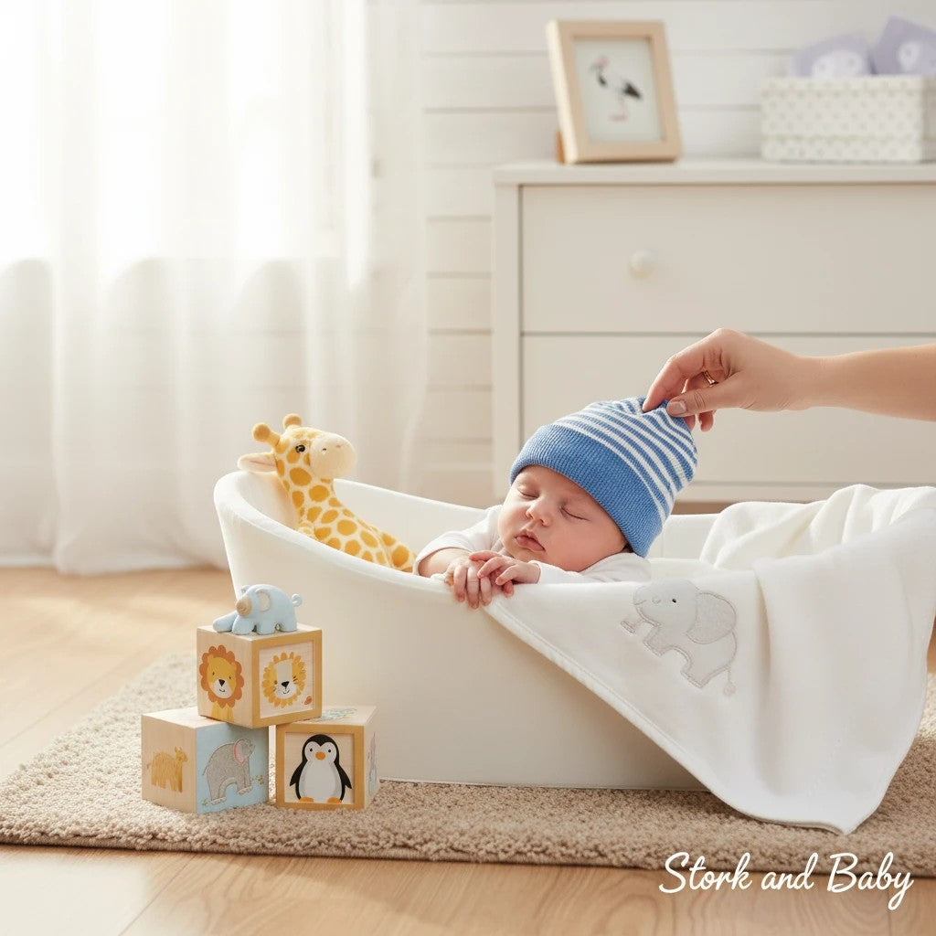Stork And Baby blue and white striped knit baby hat on sleeping infant. Soft material.