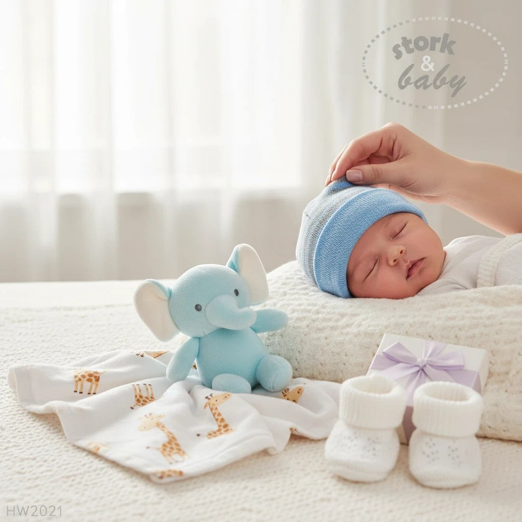 Stork And Baby blue striped knit baby hat on sleeping infant, with plush elephant and giraffe print blanket.