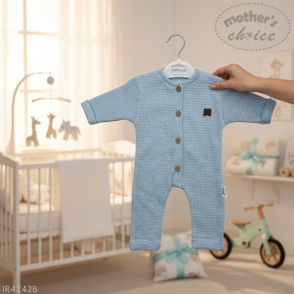 Stork And Baby blue raised waffle texture long sleeve baby romper with wooden buttons
