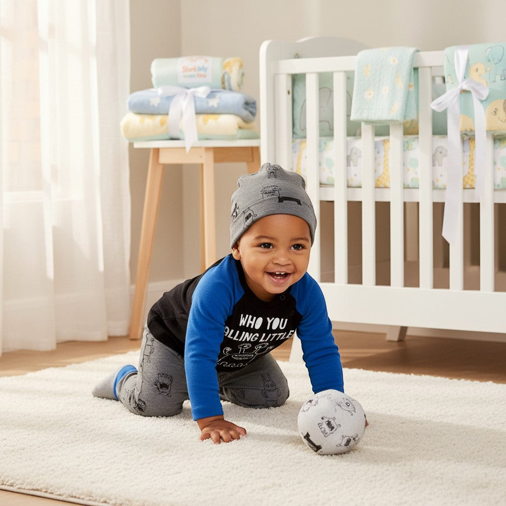 Stork And Baby boys 3 piece set: black & blue long sleeve top, grey monster print pants & hat. Baby crawling.
