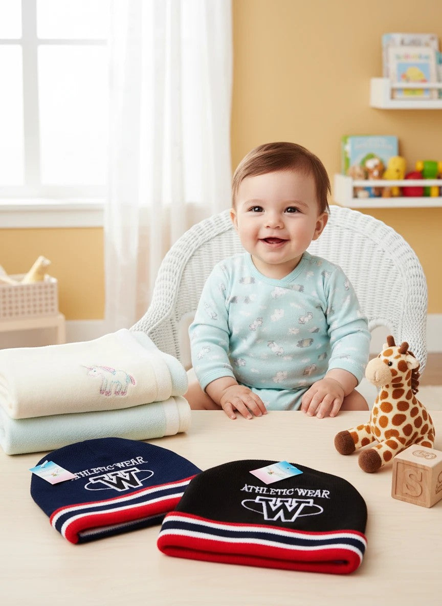 Stork And Baby Boys Beanie Athletic in black and navy blue with red and white stripes. Soft knit material.