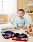 Stork And Baby Boys Beanie Athletic in black and navy blue with red and white stripes. Soft knit material.