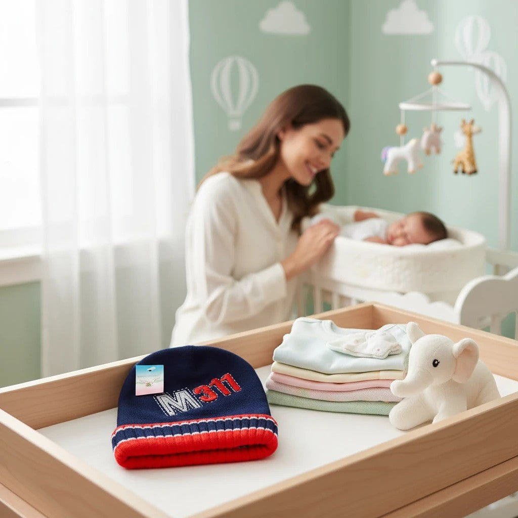 Stork And Baby navy blue knit beanie with red and white trim and "M311" graphic.
