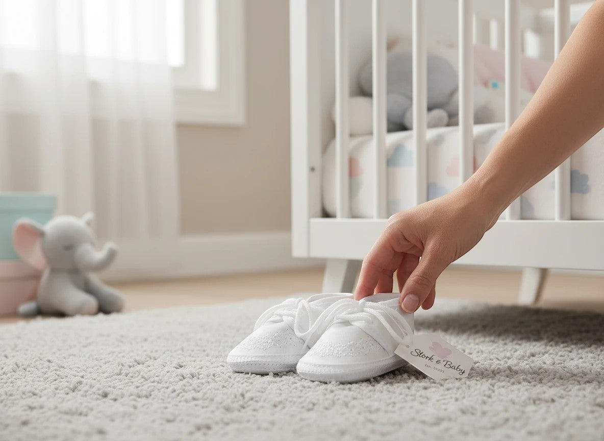 Stork And Baby white embroidered christening booties for baby boys with lace-up detail on a soft nursery rug.