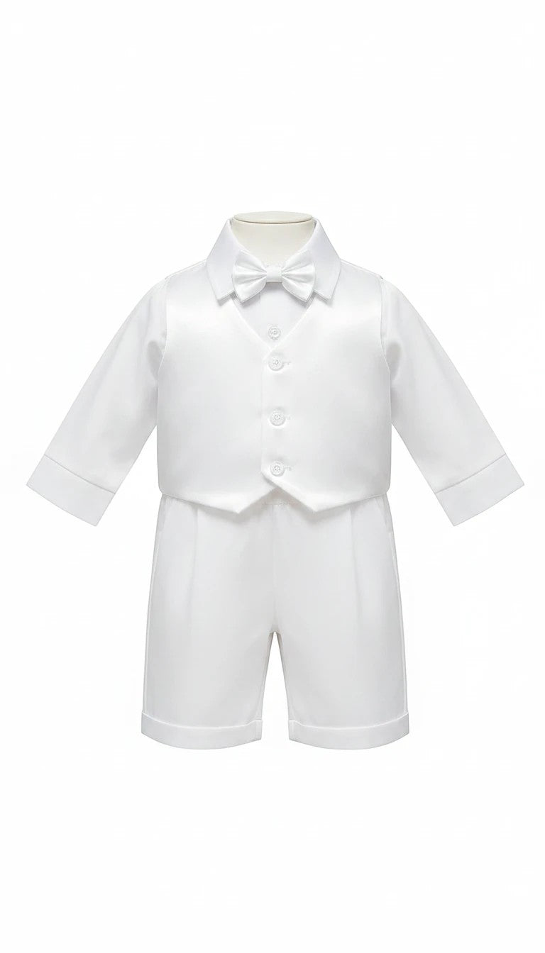 Stork And Baby white christening suit for boys featuring a satin vest, long-sleeve shirt, bowtie, and matching shorts.