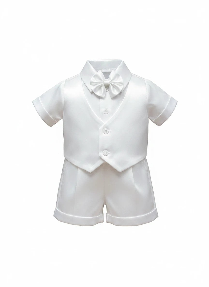 Stork And Baby Mothers Choice white short-sleeve christening suit with a satin vest, matching shorts, and a bow tie.