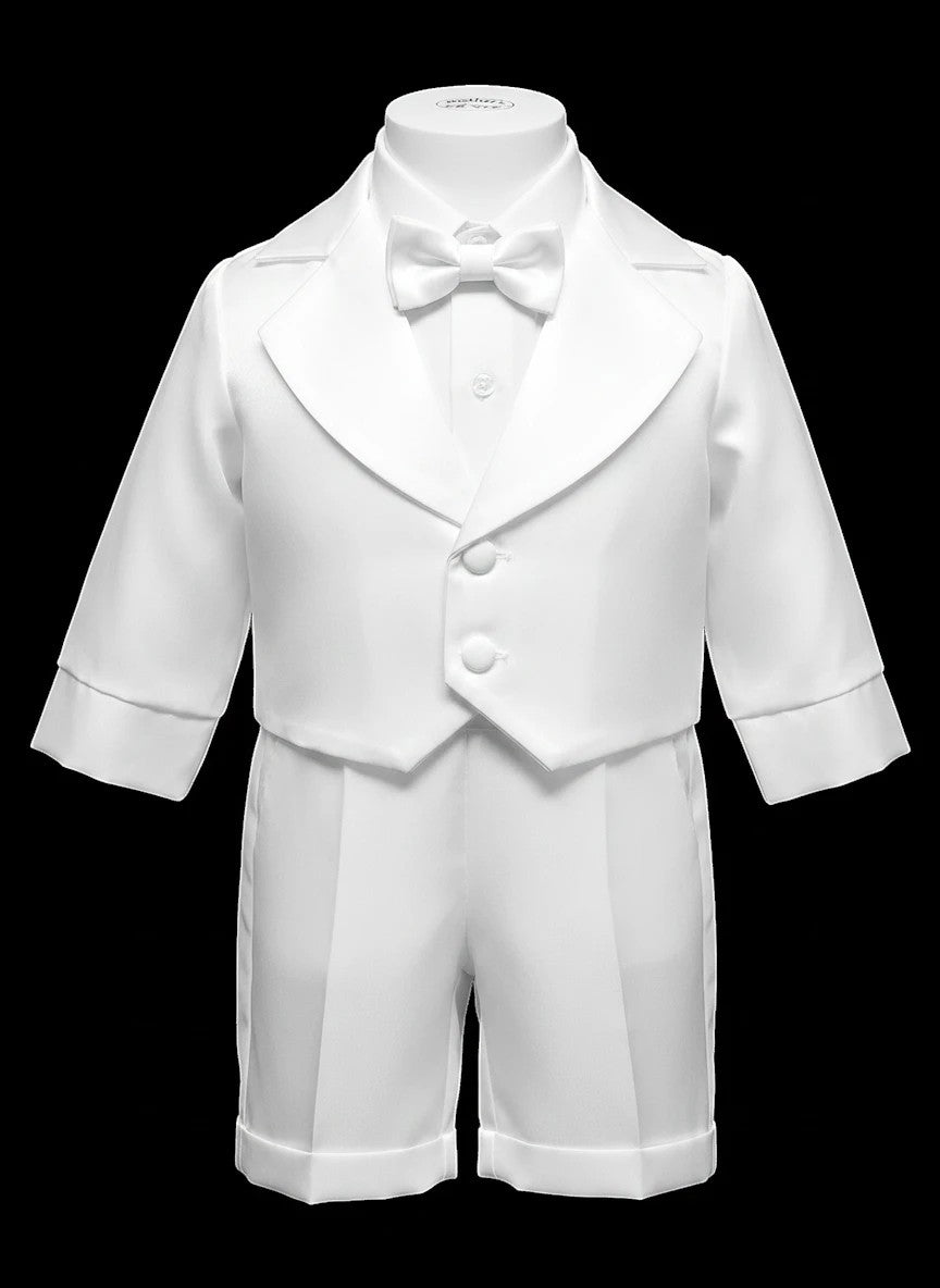 Stork And Baby Mothers Choice white long-sleeve christening suit with tailpiece, bow tie, and matching shorts.