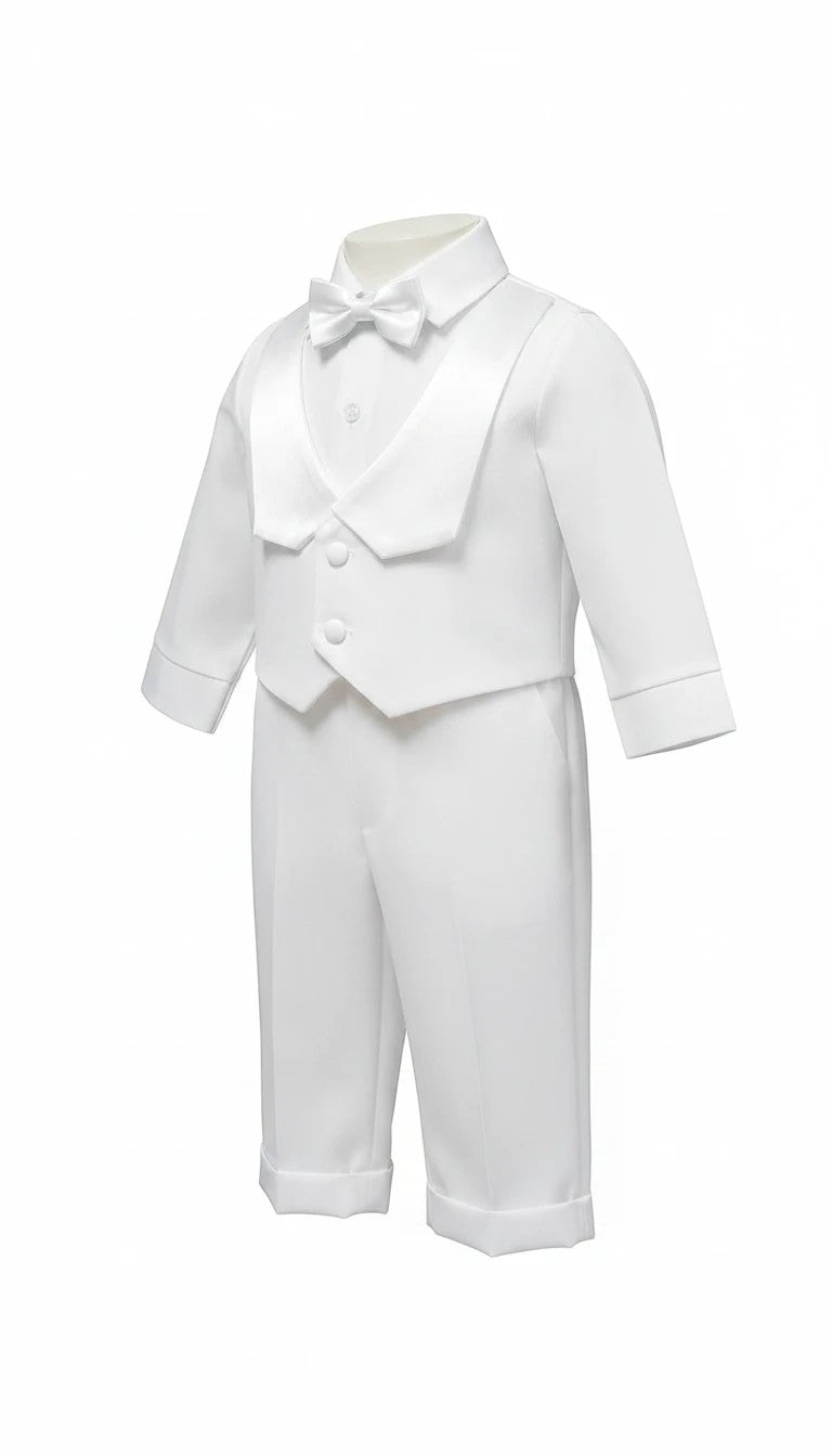 Stork And Baby Mothers Choice white long-sleeve christening suit with a matching vest and bow tie for baby boys.