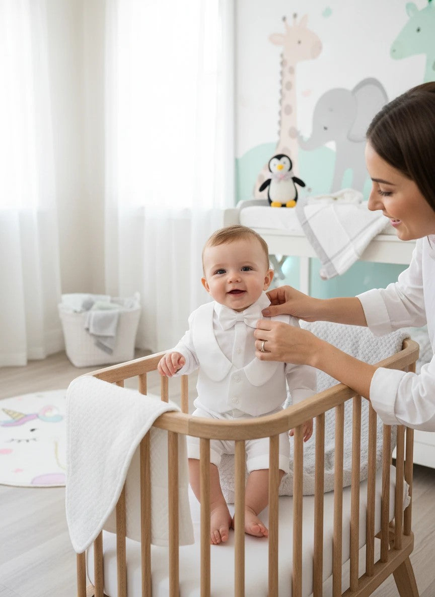Stork And Baby white long-sleeve christening suit with tailpiece worn by a baby boy in a nursery setting.
