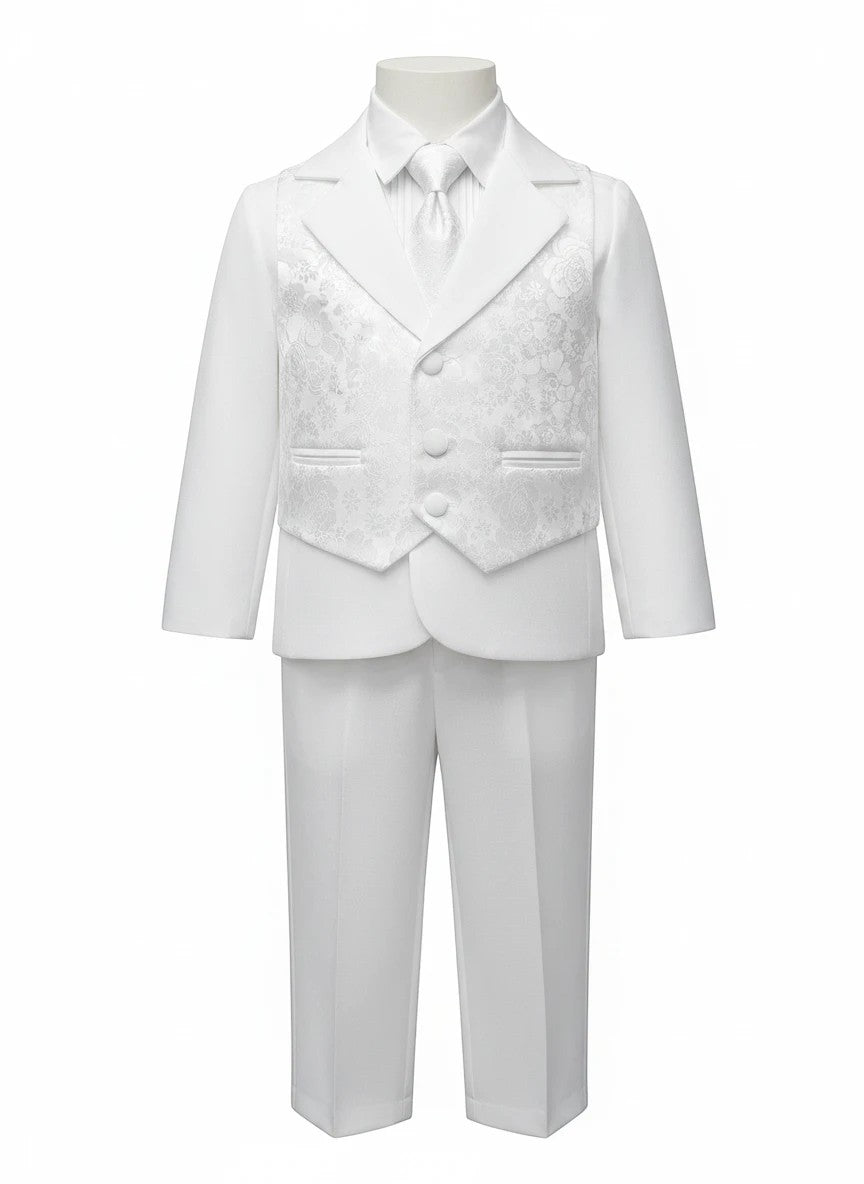Stork And Baby 5-piece white formal suit set for boys featuring a floral brocade vest, tie, shirt, jacket, and pants.