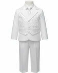 Stork And Baby 5-piece white formal suit set for boys featuring a floral brocade vest, tie, shirt, jacket, and pants.