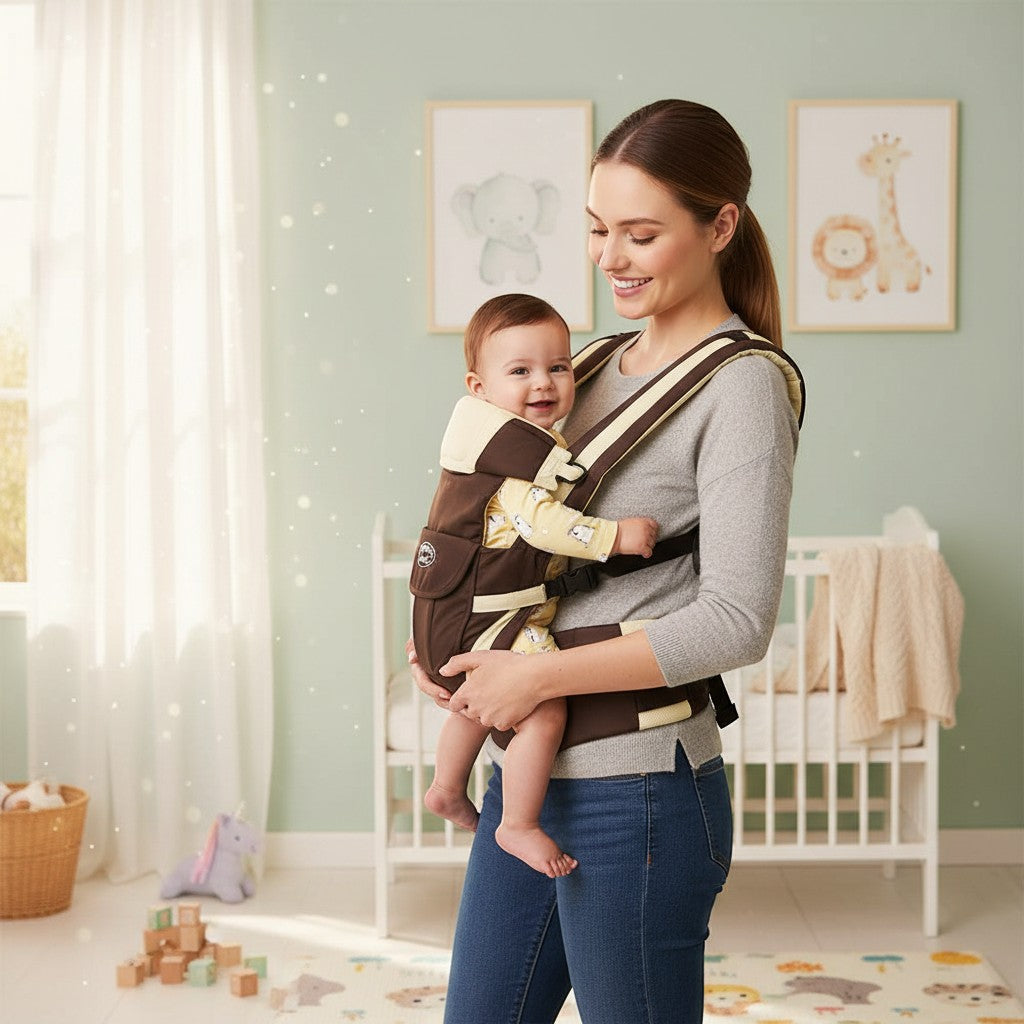 Stork And Baby brown 4-way baby carrier with adjustable straps, worn by a smiling mother holding a happy baby.