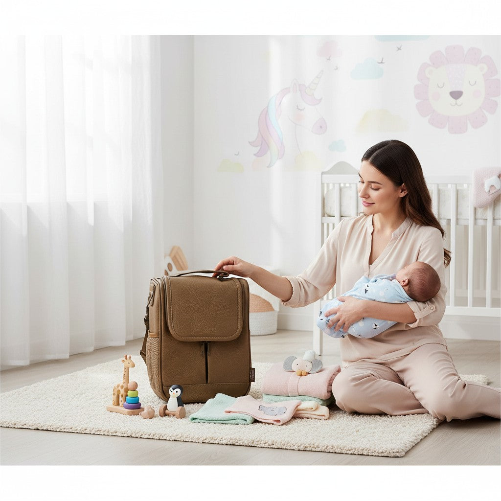 Stork And Baby brown PU upper baby bottle warmer, insulated for travel and outings. A mother holds her baby next to it.