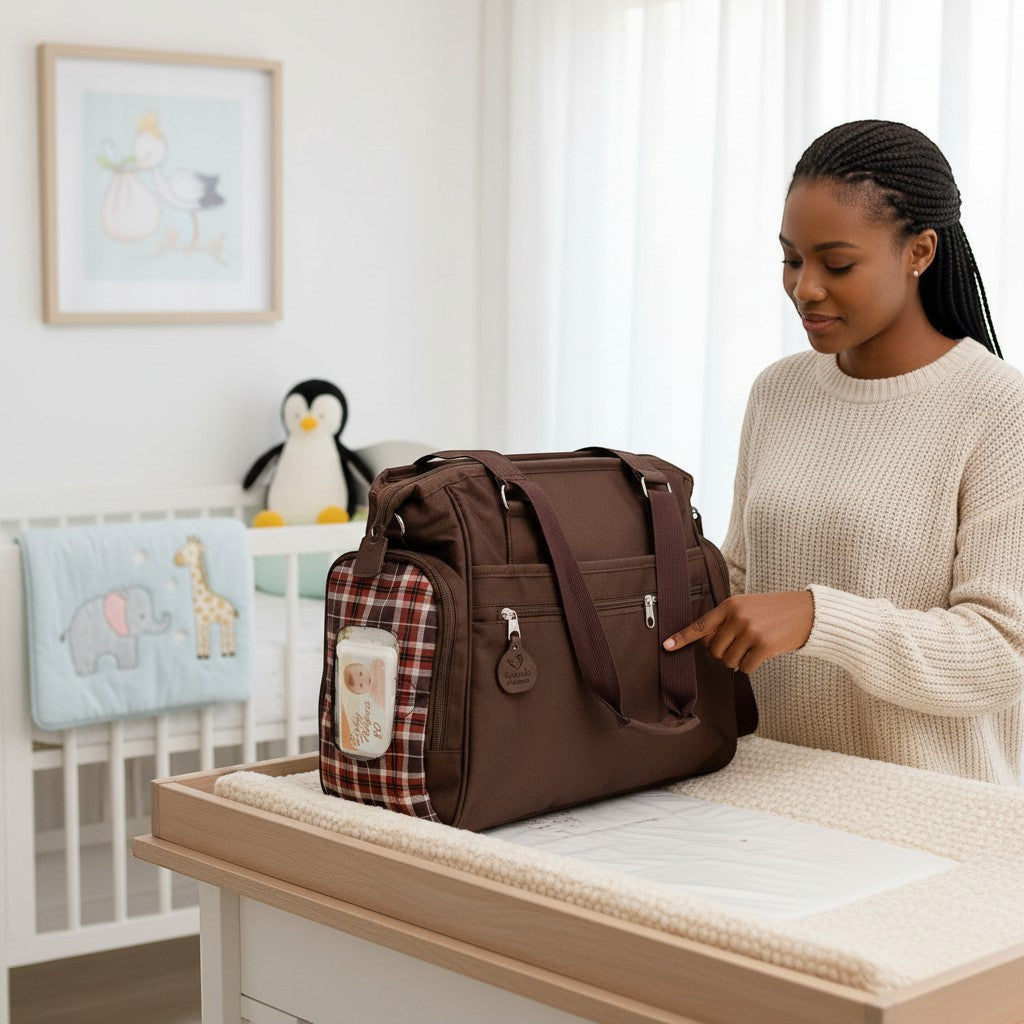 Stork And Baby brown check diaper bag with a woman pointing to it, featuring a bottle holder.