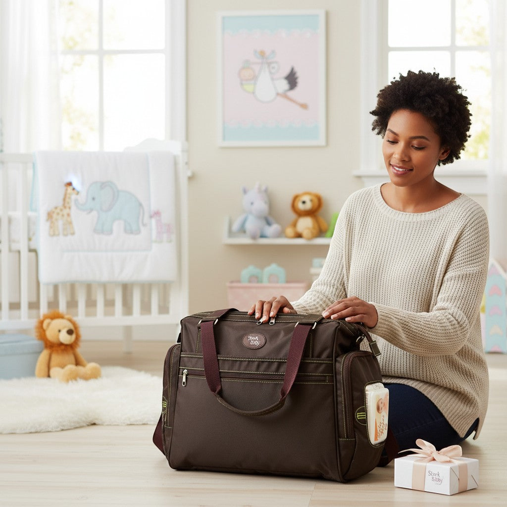 Stork And Baby brown diaper bag with multiple compartments and maroon straps, shown with a woman organizing it in a nursery.