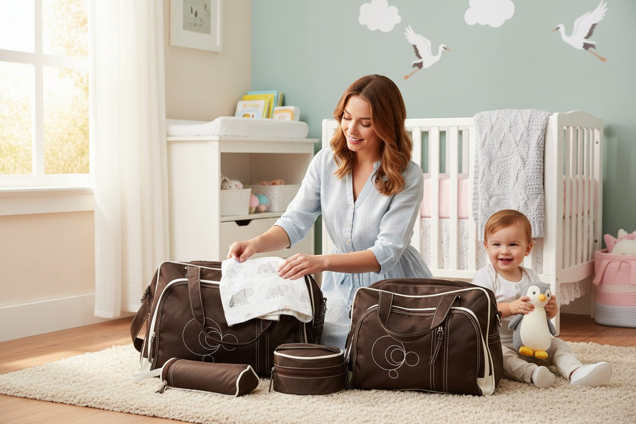 Stork And Baby brown 4-piece nappy bag set with a woman packing and a baby sitting nearby.