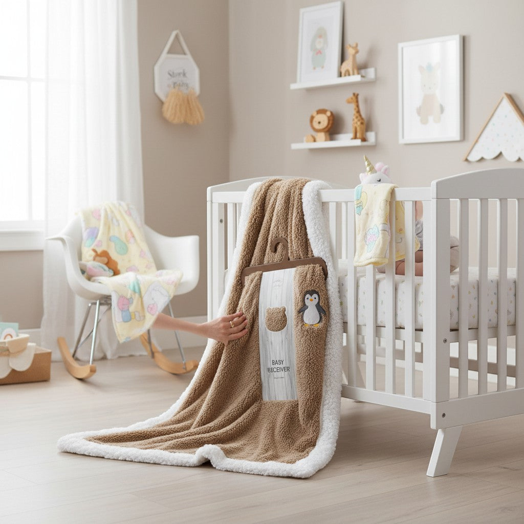 Stork And Baby brown sherpa fleece baby blanket with white trim and embroidered penguin and bear details.