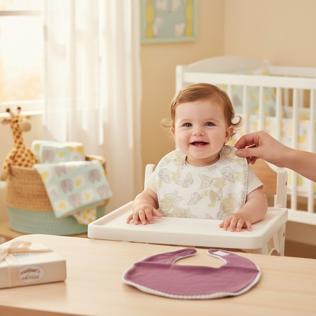 Stork And Baby butterfly print bibs for babies, soft and absorbent fabric, ideal for feeding and drool.