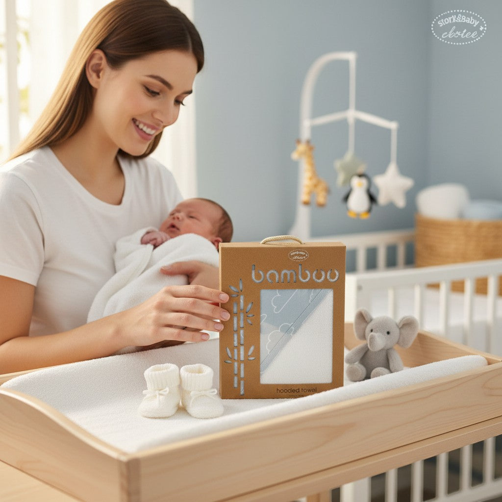 Stork And Baby Choice blue bamboo hooded baby towel, soft and absorbent, with a cute elephant toy and booties.