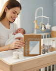 Stork And Baby Choice blue bamboo hooded baby towel, soft and absorbent, with a cute elephant toy and booties.