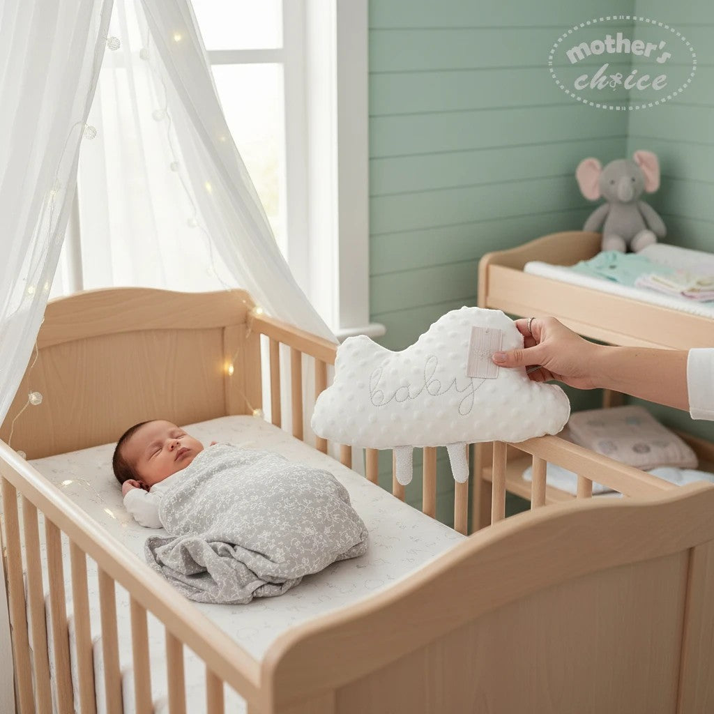 Stork And Baby white cloud plush pillow with "baby" embroidered, held over a crib with a sleeping infant.