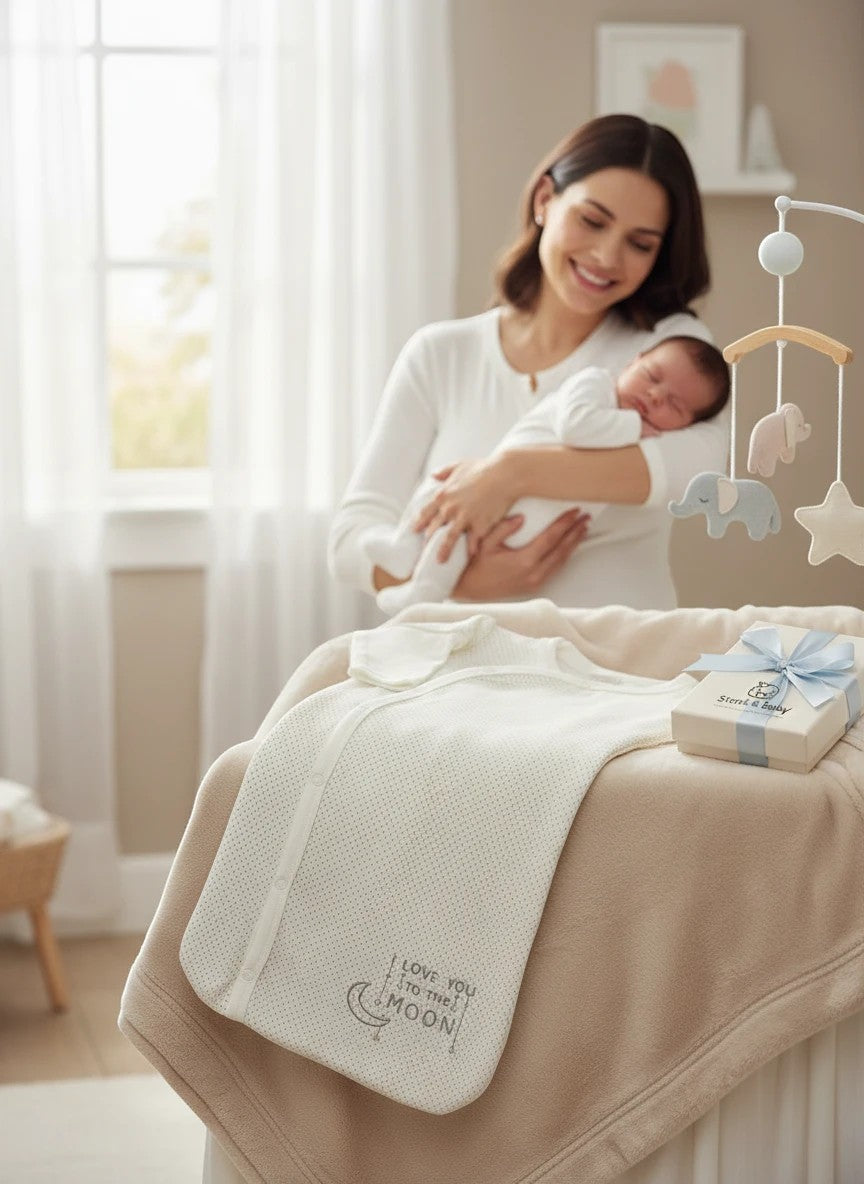 Stork And Baby Mothers Choice cotton sleeping bag with I Love You To The Moon print, shown in a cozy nursery setting.
