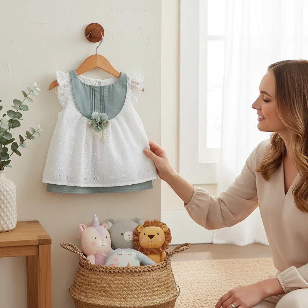 Stork And Baby white cotton linen dress with sage green accents, eyelet details, and floral embellishment.