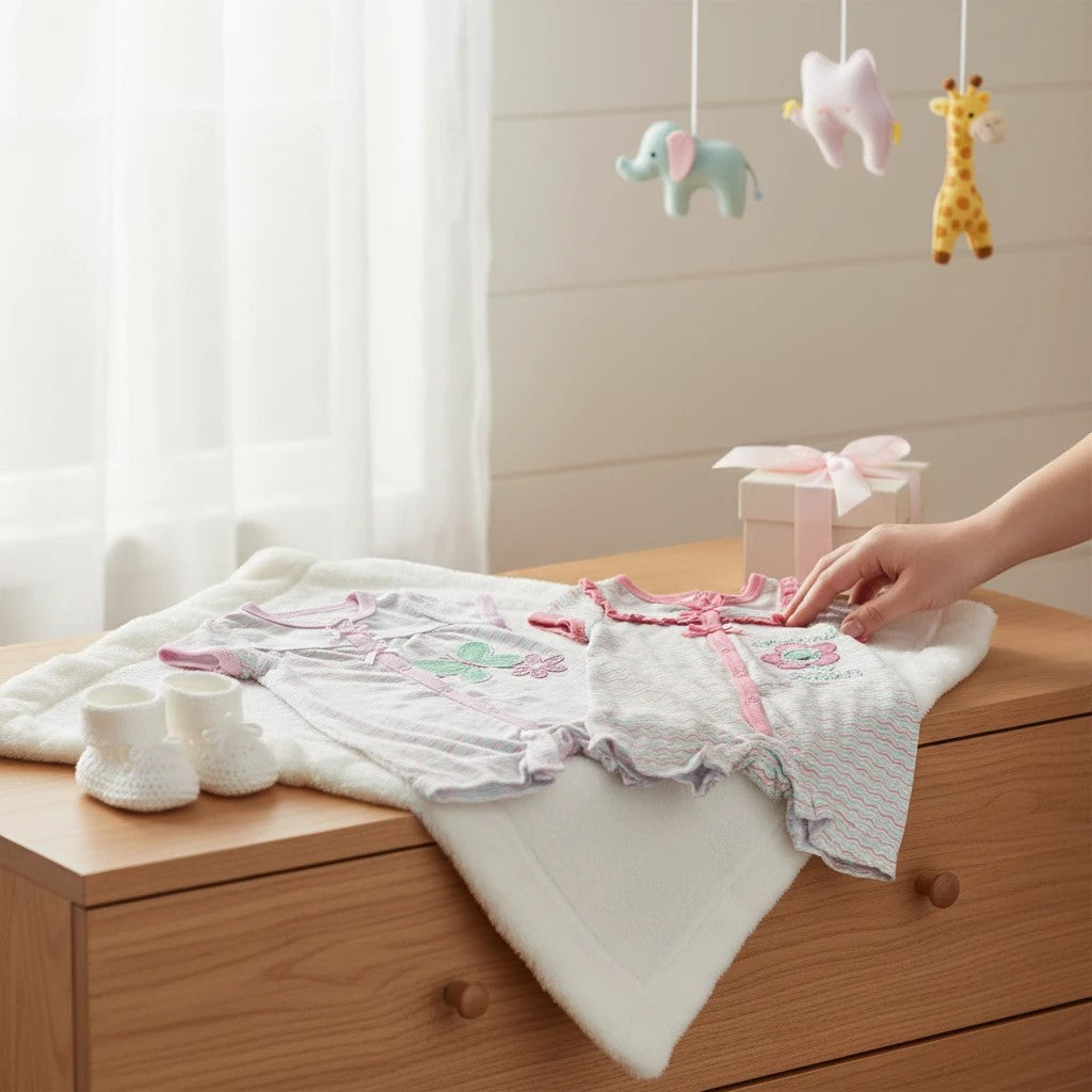 Stork And Baby white 100% cotton baby girl rompers with pink trim and butterfly or floral appliques. Includes matching booties.