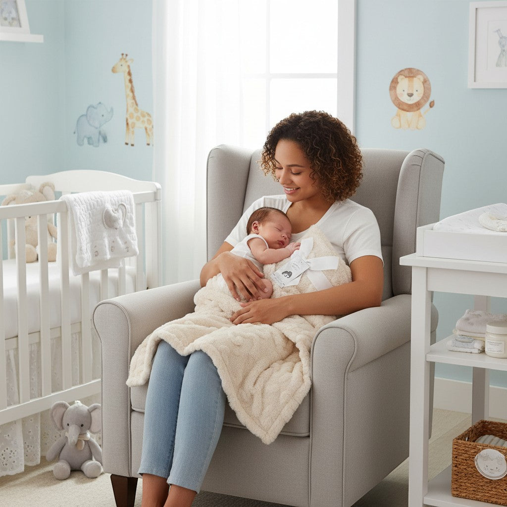 Stork And Baby cream single layer jacquard baby blanket with cable knit texture, 75x100cm.