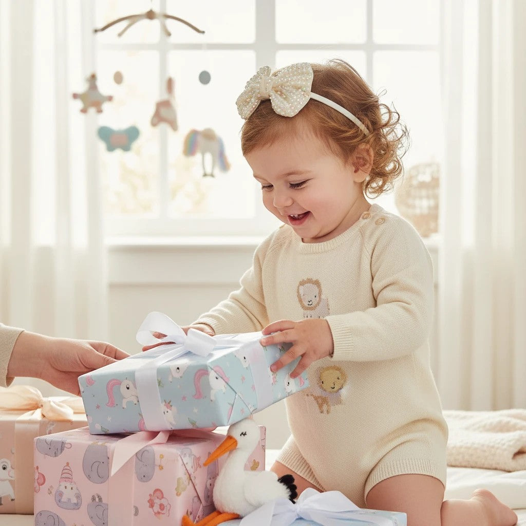 Stork And Baby cream ribbon Alice band with pearls and diamantes worn by a toddler opening gifts in a nursery.