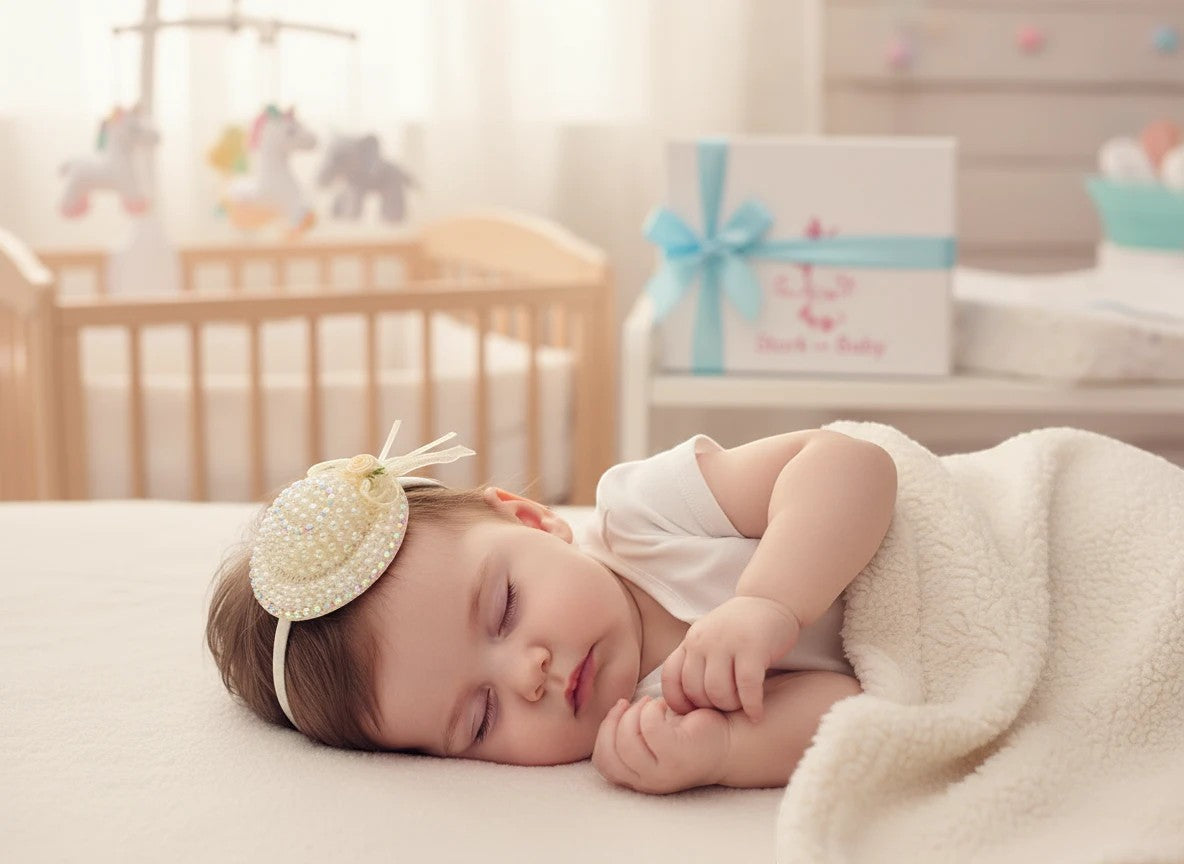 Stork And Baby cream alice band featuring a decorative hat and rose, worn by a sleeping baby in a nursery.