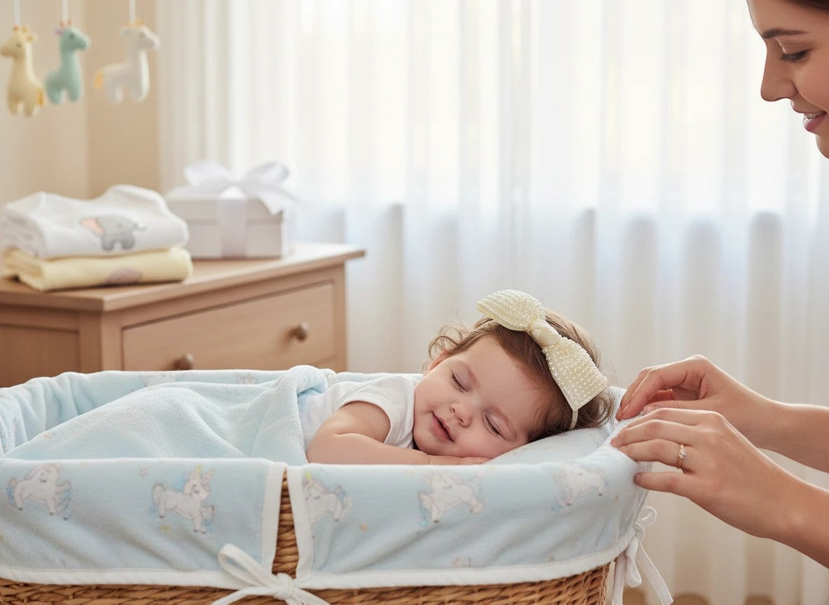 Stork And Baby cream satin Alice band with a large bow and pearl embellishments worn by a sleeping baby in a bassinet