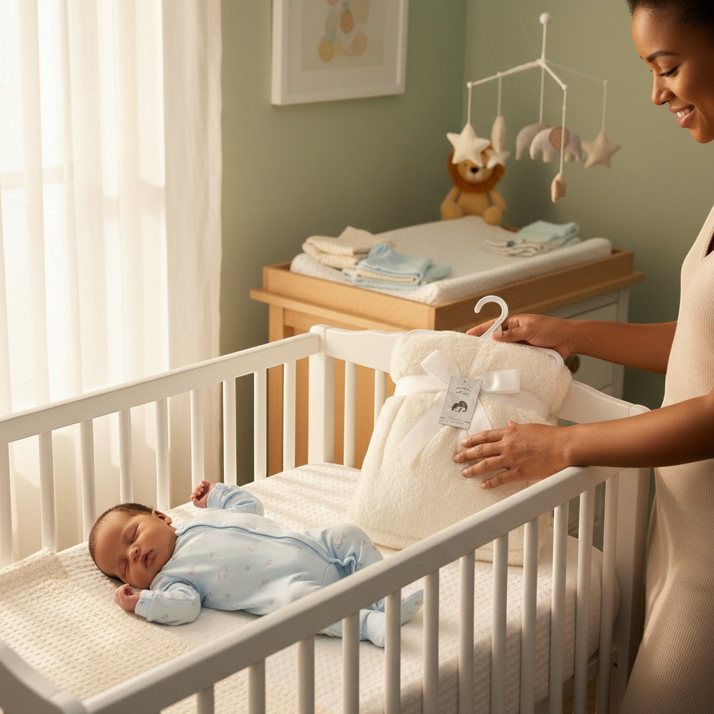 Stork And Baby cream single layer sherpa fleece baby blanket, 75x100cm, tied with a white ribbon.