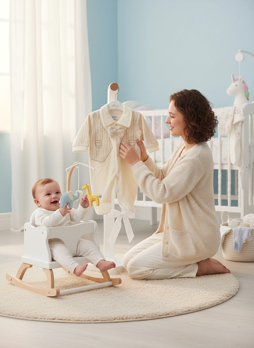 Stork And Baby cream striped baby romper with bowtie detail, 0-9 months. Woman holding romper near baby.