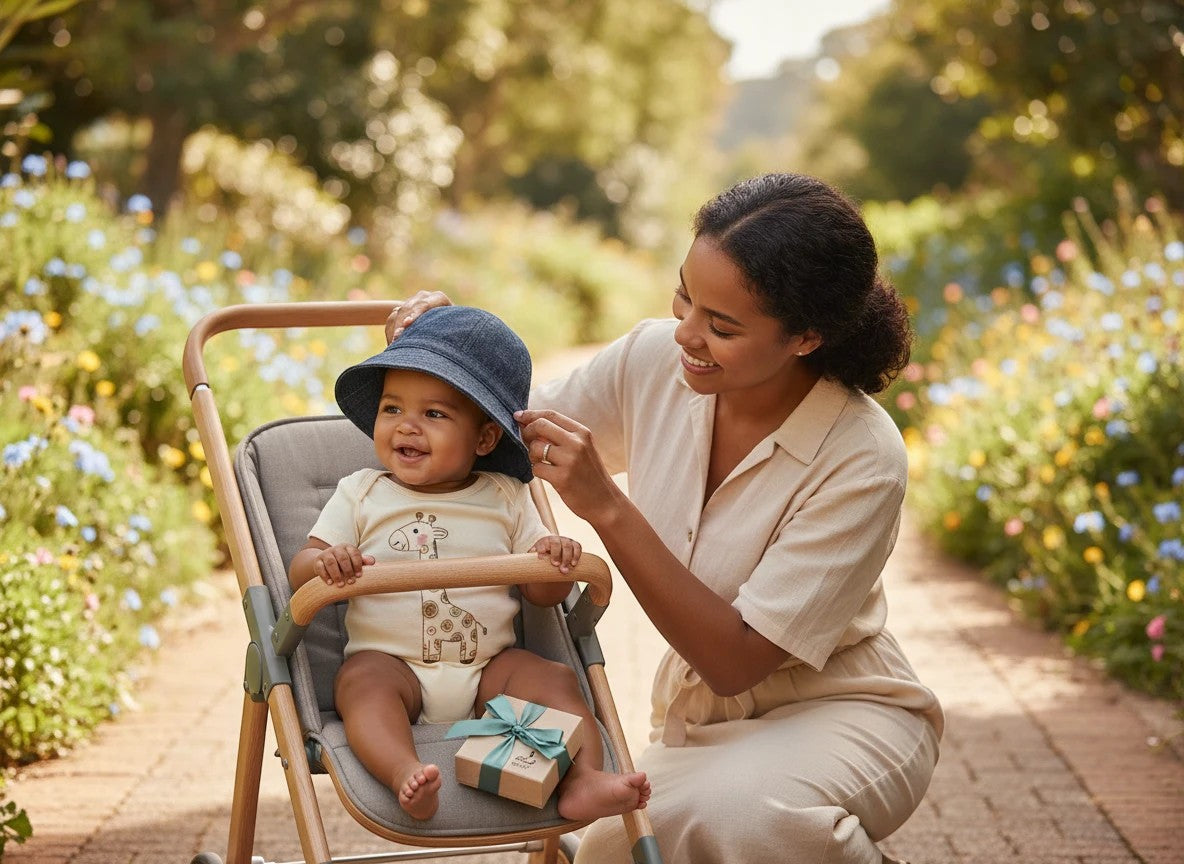 Stork And Baby dark blue denim bucket hat on a smiling baby in a stroller, with a woman adjusting the hat.
