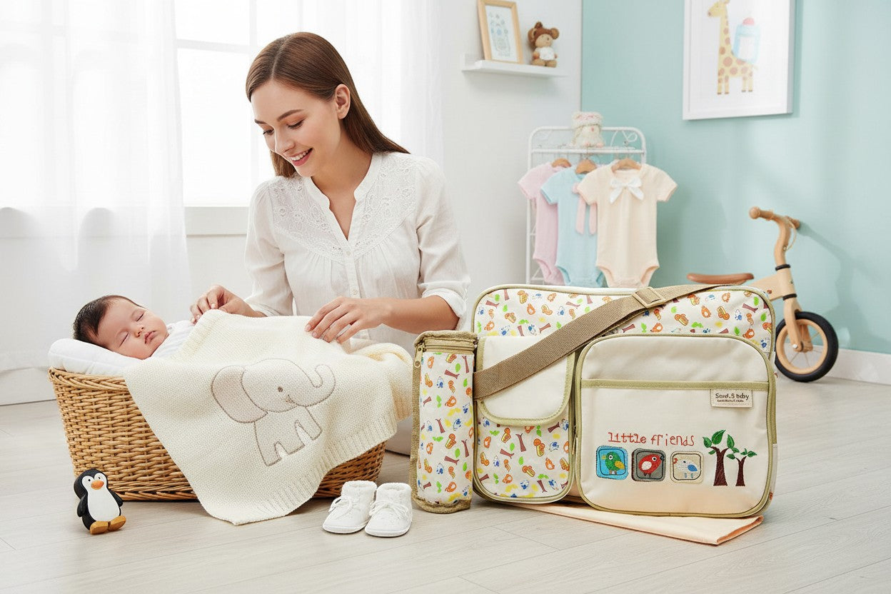 Stork And Baby beige diaper bag with 'little friends' embroidery, featuring a mother and baby setting.