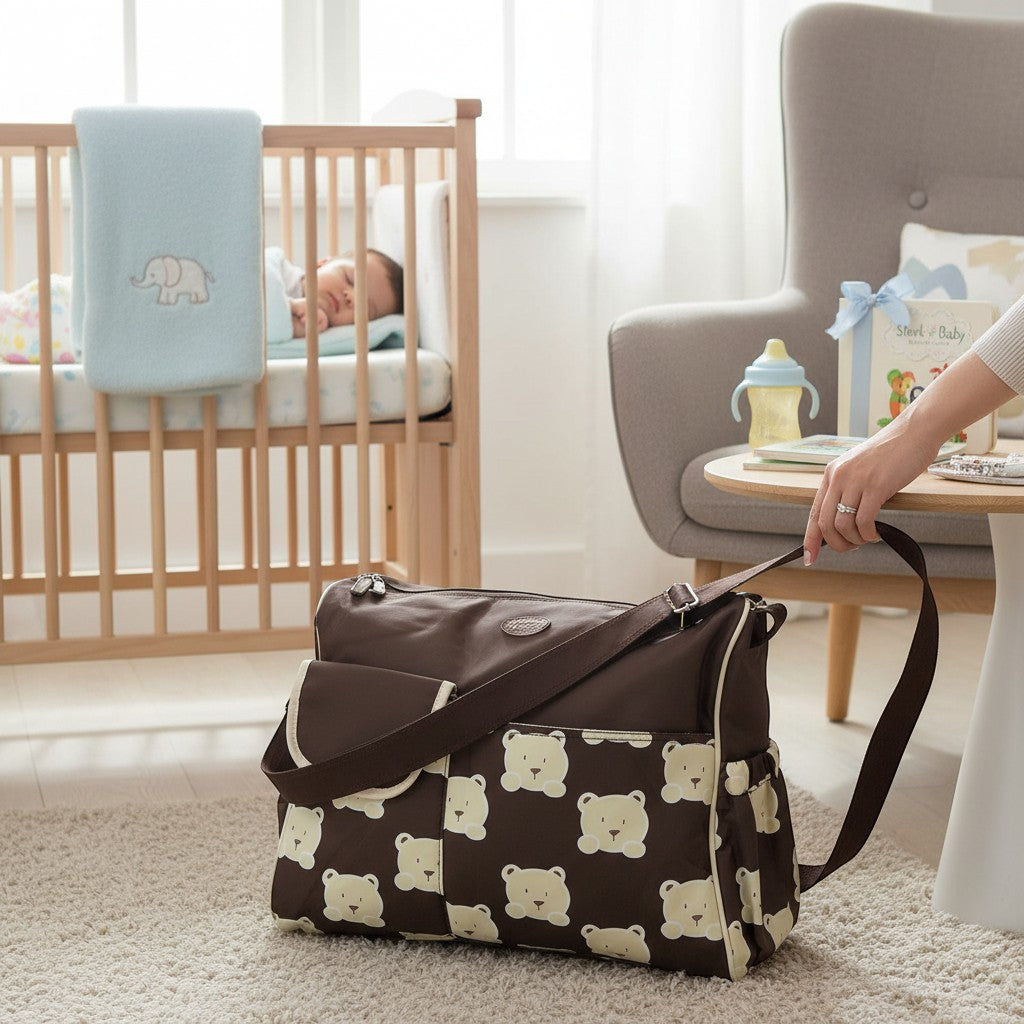 Stork And Baby Diaper Bag in brown with a cute all-over teddy bear print. Features a spacious interior and organized compartments.