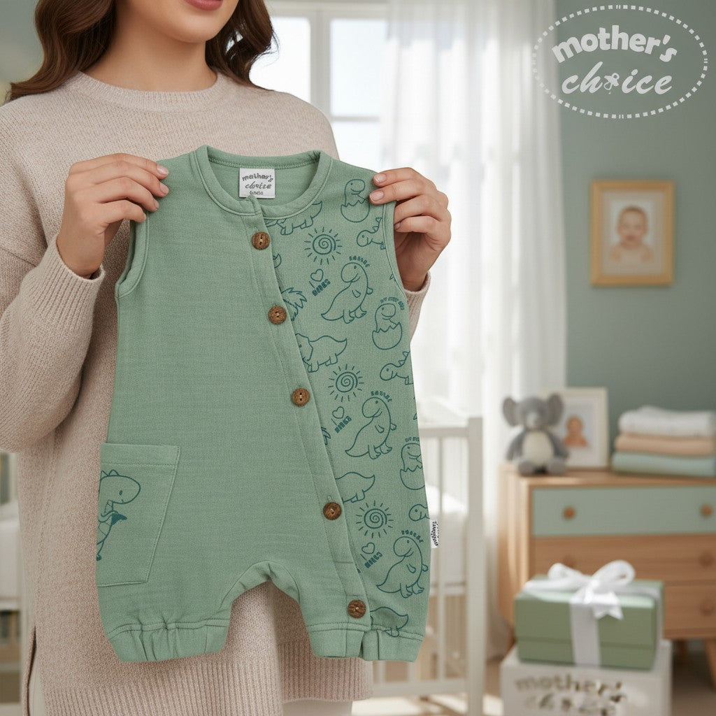 Stork And Baby sleeveless sage green muslin dungaree set with a dinosaur print and wooden buttons. Perfect for summer.