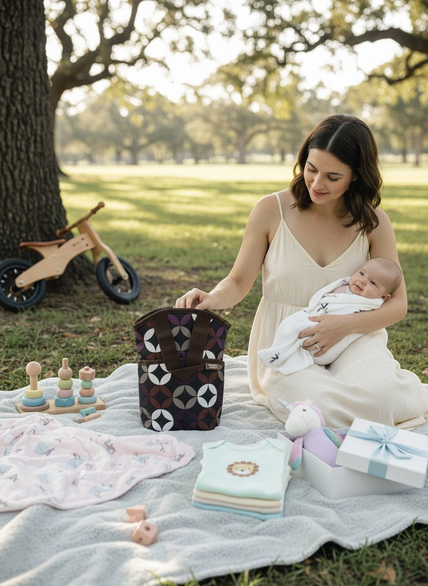 Stork And Baby double bottle warmer bag with dark circles pattern, insulated for travel and outings.