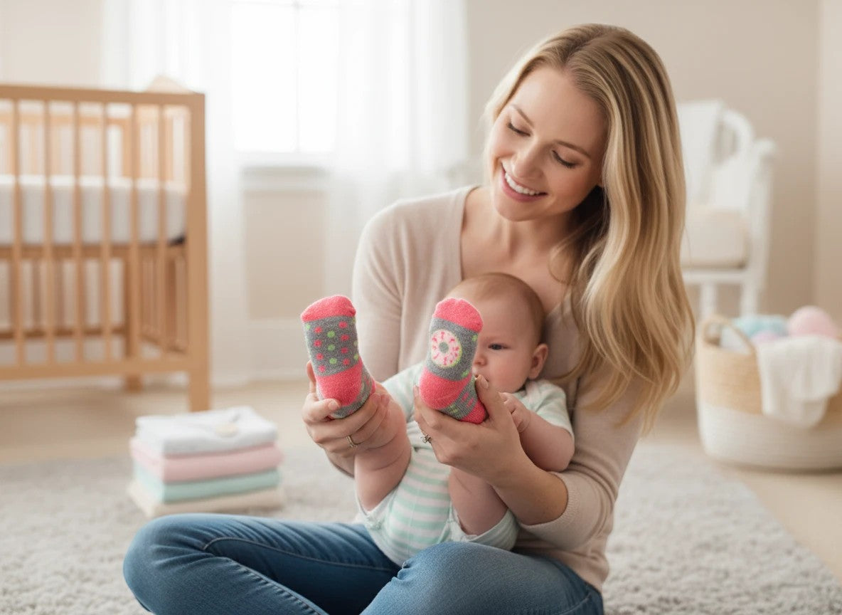Stork And Baby 4 pack baby socks with pink, grey, and green doughnut pattern. Soft, stretchy, and gentle for newborns.